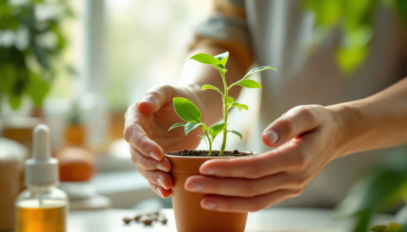 Manos cuidando planta verde, simbolizando vitalidad y energía para acelerar metabolismo lento naturalmente