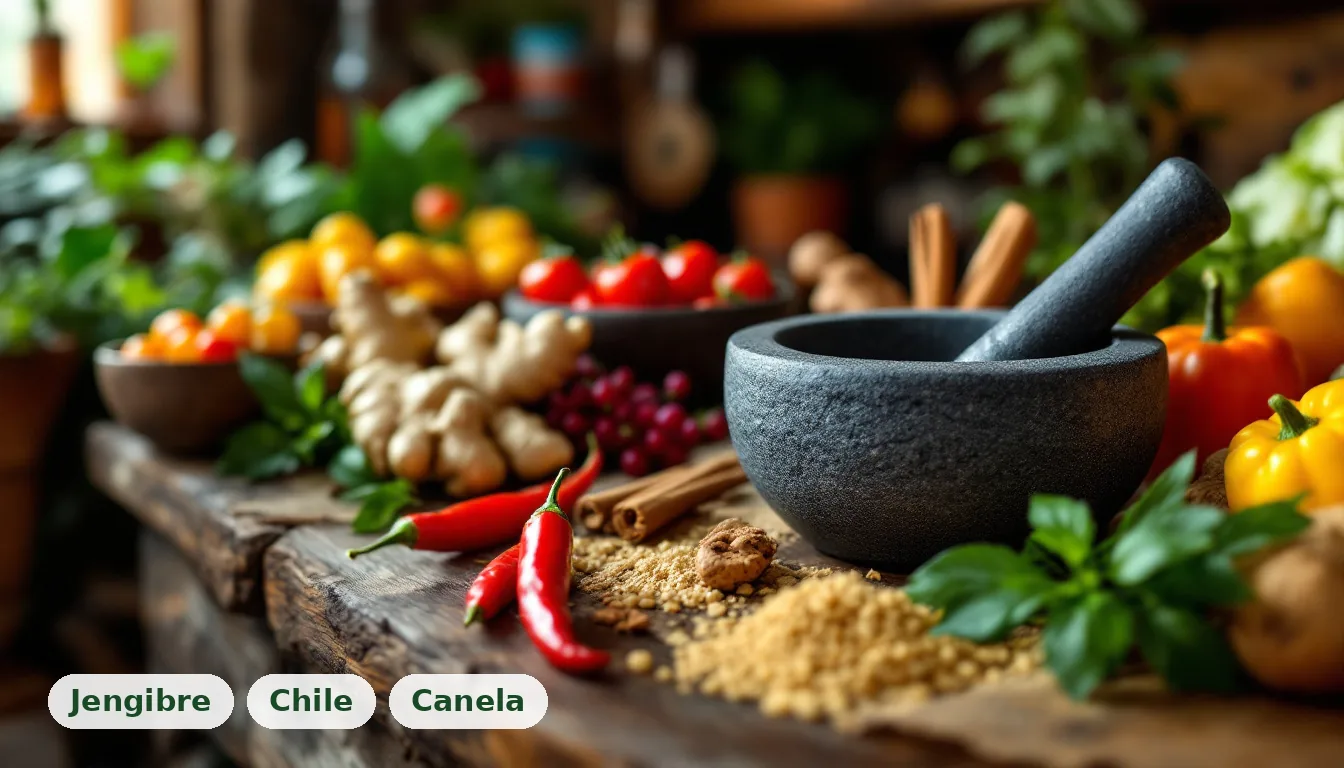 Mercado mexicano vibrante con frutas, verduras y mortero de piedra, destacando ingredientes para acelerar metabolismo lento naturalmente