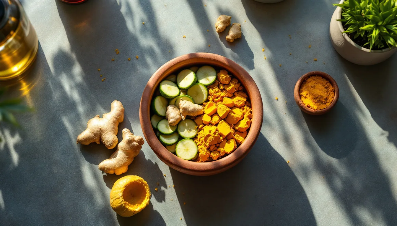 Composición fresca de jengibre y cúrcuma en una olla de barro, destacando el apoyo natural para el bienestar articular