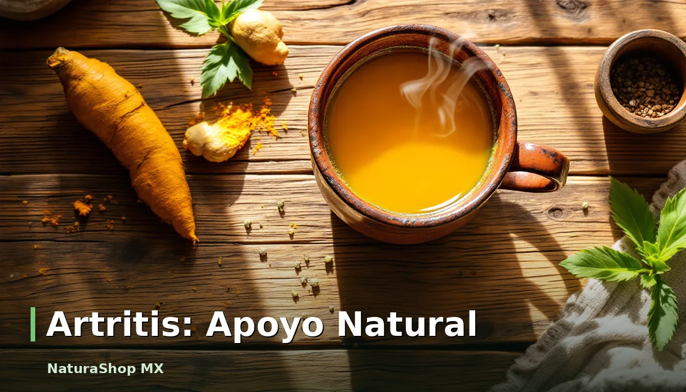 Raíces de cúrcuma y jengibre junto a una taza de té humeante, ofreciendo apoyo natural para el bienestar articular