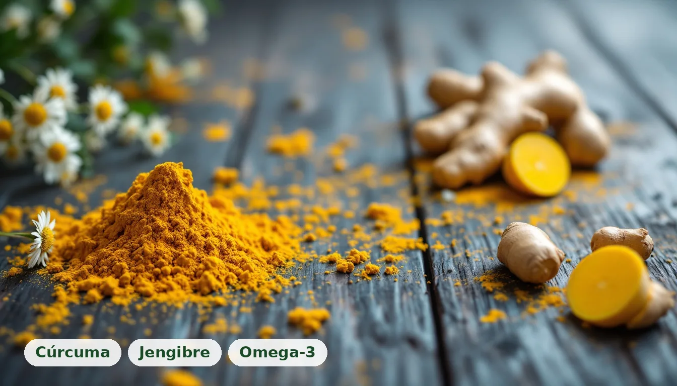 Mezcla de cúrcuma, jengibre y semillas para Omega-3, representando el apoyo natural en el tratamiento de la artritis reumatoide