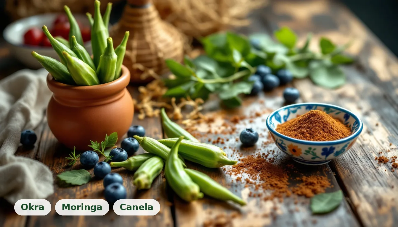 Okra, moringa y canela dispuestas artísticamente en una mesa mexicana para un apoyo natural al azúcar en sangre