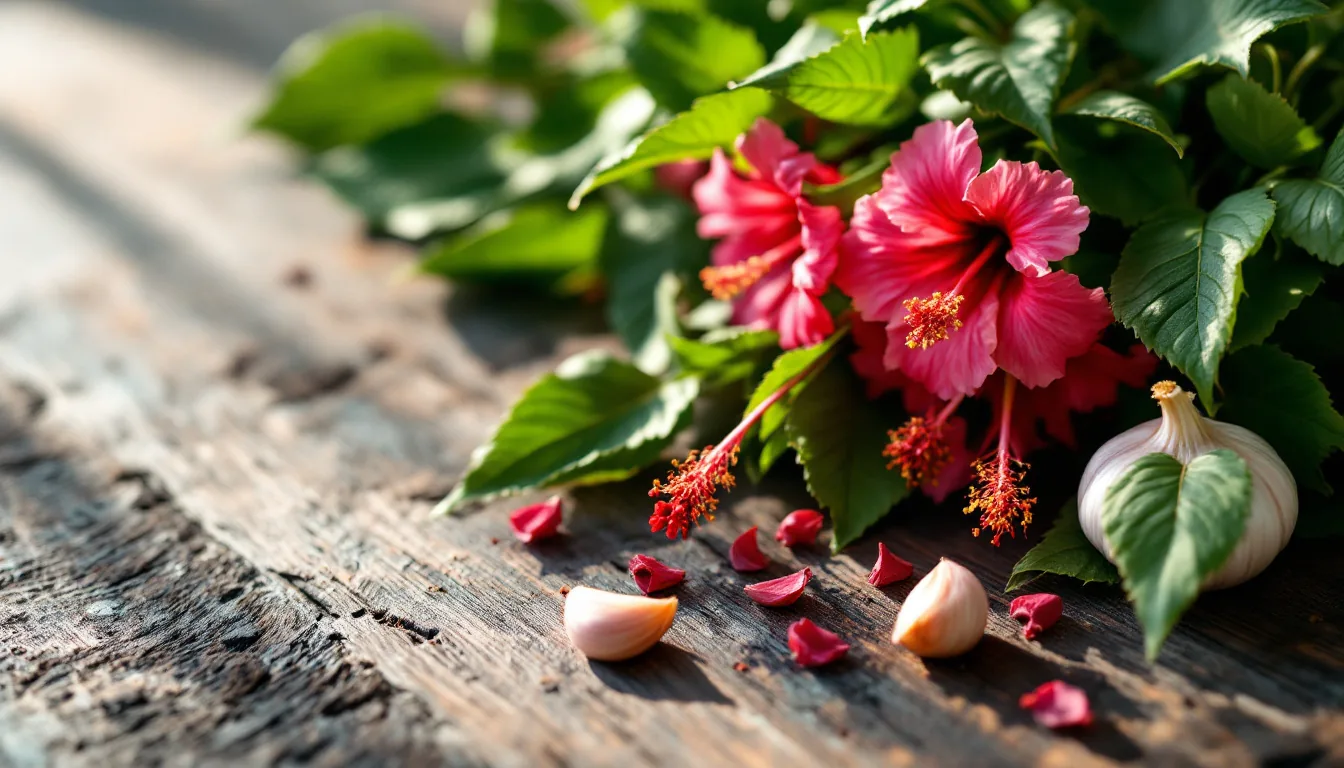 Flores de jamaica vibrantes y ajos frescos sobre una mesa de madera, sugiriendo beneficios para la presión arterial