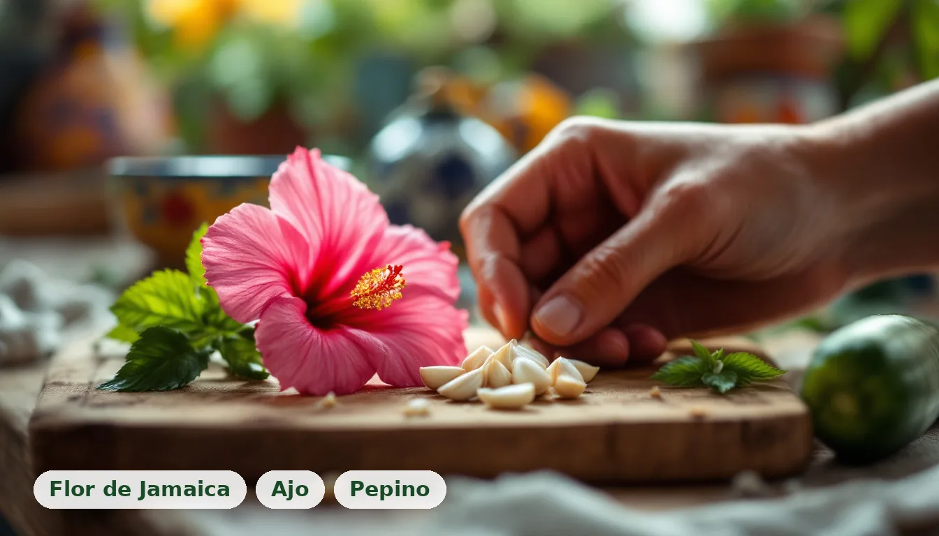 Manos colocando flores de jamaica y ajos en una tabla de madera, destacando ingredientes naturales para la presión arterial