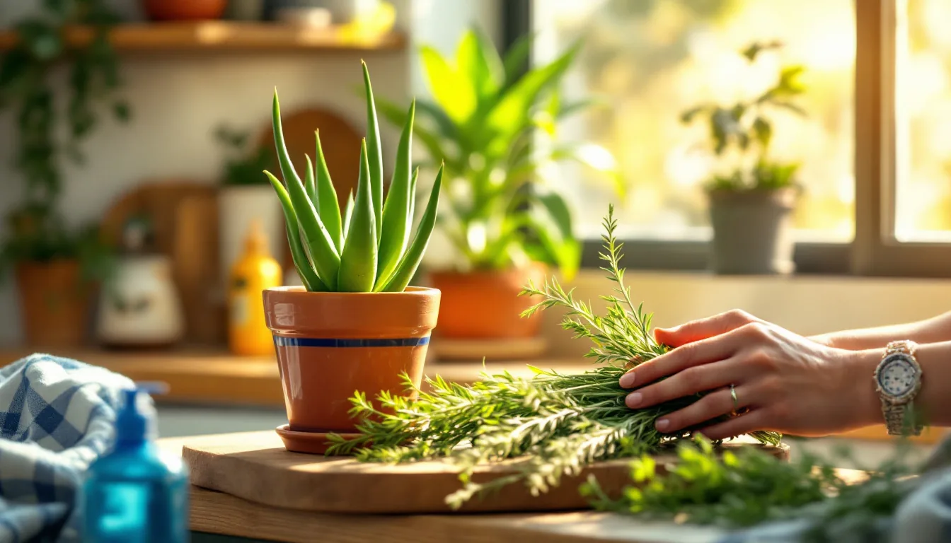 Plantas de aloe vera y cola de caballo frescas en una cocina luminosa, representando los beneficios naturales para la caída del cabello