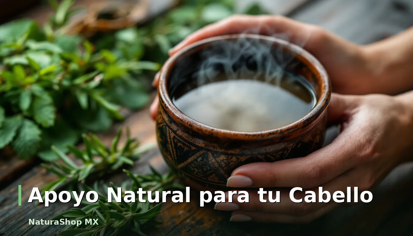 Mano sosteniendo una taza de té de romero y ortiga sobre una mesa de madera, simbolizando el apoyo natural para la caída del cabello
