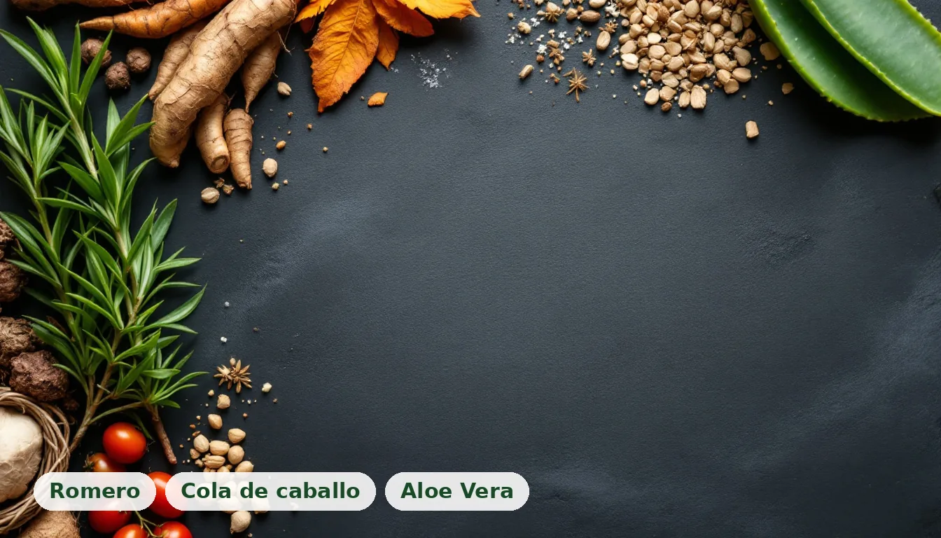 Una composición de ingredientes naturales como romero, cola de caballo y aloe vera sobre una superficie de barro, para el apoyo de la caída del cabello
