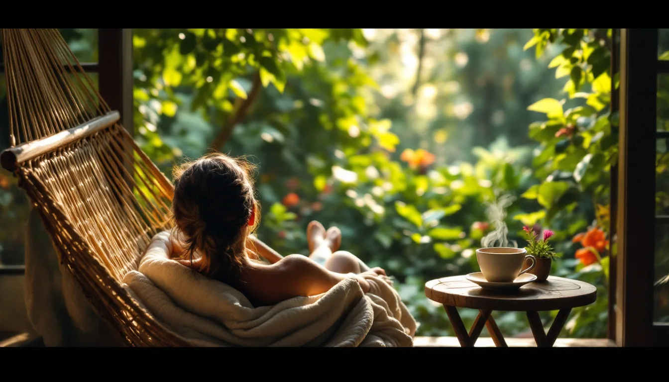 Una persona de espaldas relajándose en una hamaca en un entorno natural, con una taza de infusión, representando el bienestar y el apoyo natural para el cansancio