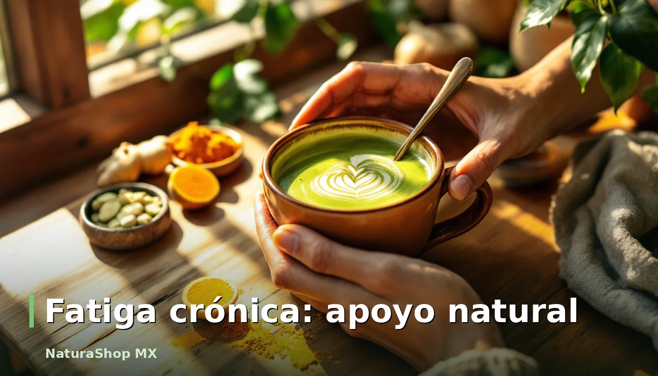 Manos preparando una bebida revitalizante con matcha, jengibre y cúrcuma en una taza de barro, simbolizando el apoyo natural para el cansancio y fatiga crónica