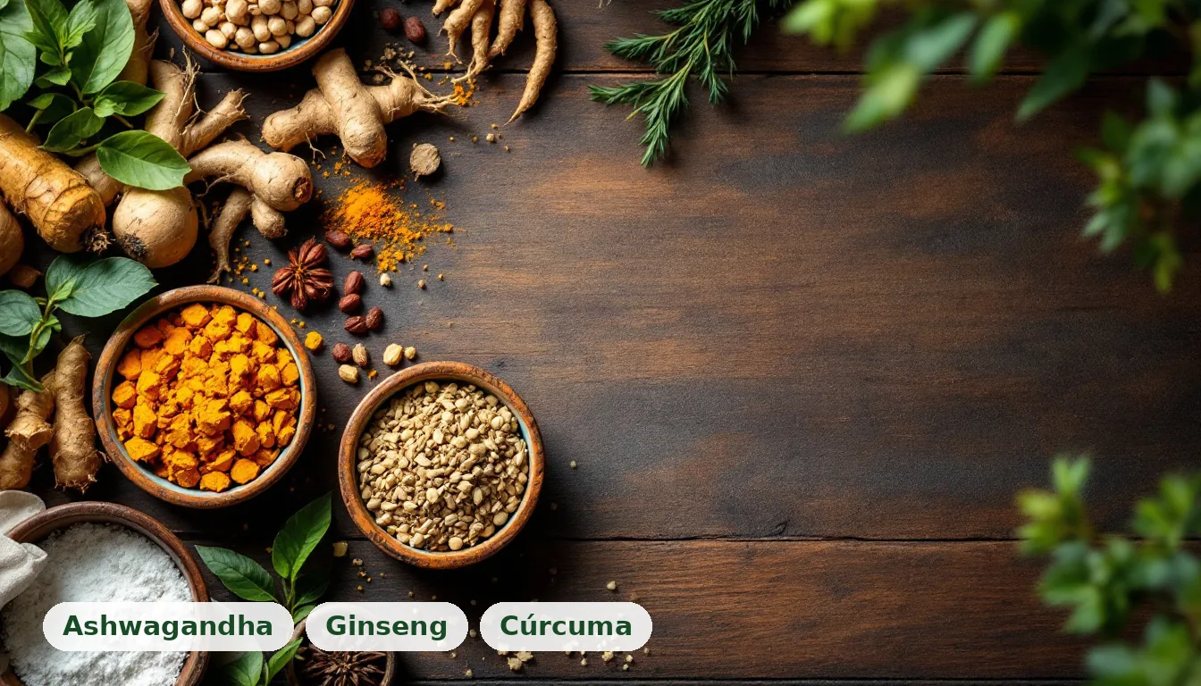 Variedad de raíces y especias naturales como ashwagandha, ginseng y cúrcuma sobre una mesa de madera