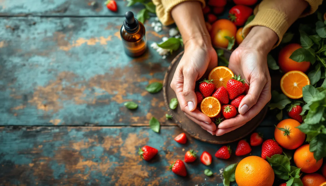 Vista aérea de una variada selección de frutas frescas como naranjas y fresas, junto a vegetales verdes