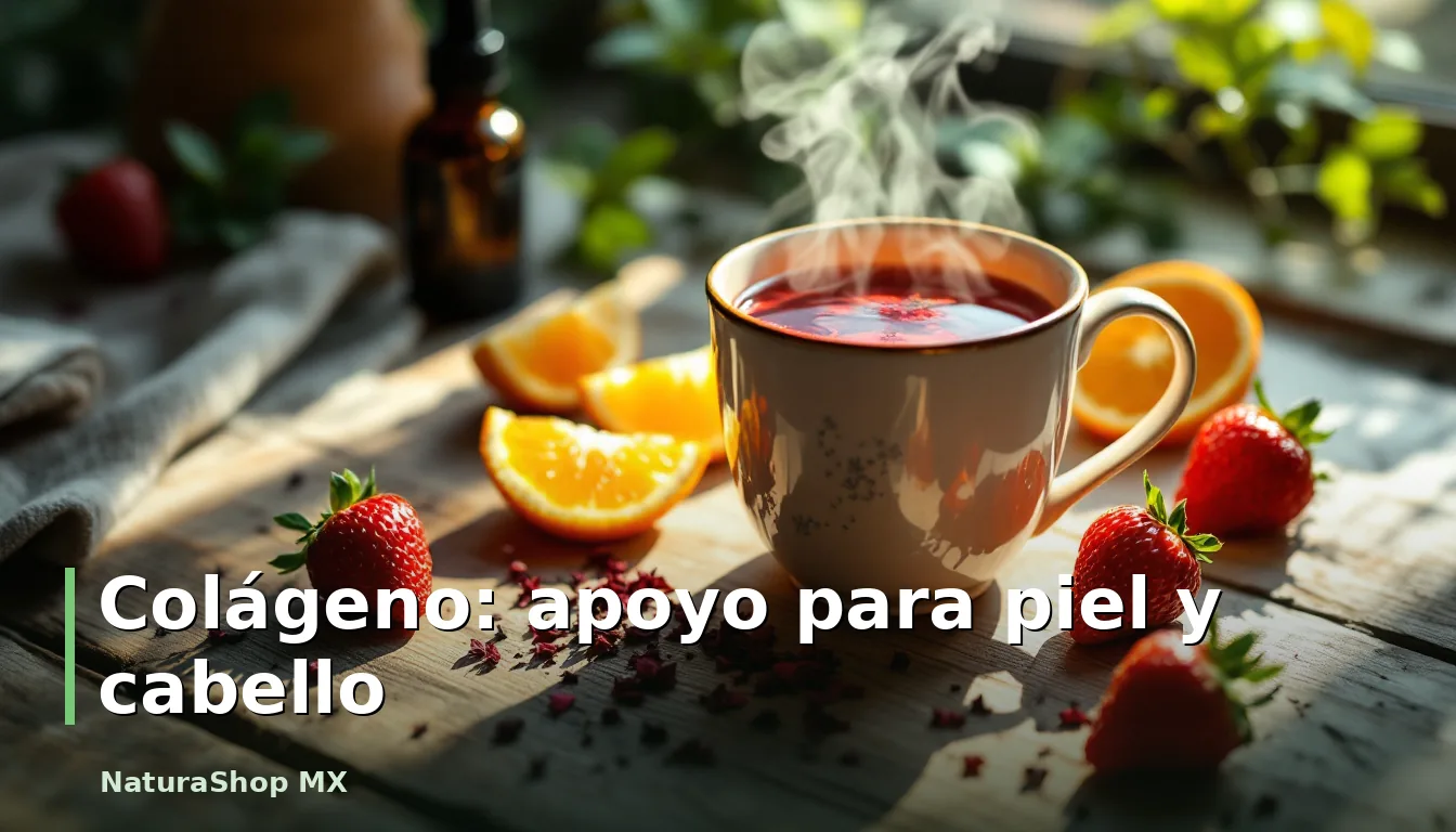 Detalle de una taza de infusión herbal caliente con rodajas de naranja y fresas frescas sobre una mesa de madera rústica