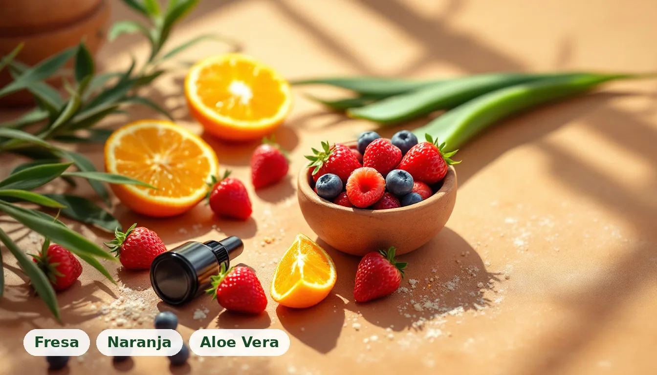 Composición artística de fresas frescas, rodajas de naranja y una hoja de aloe vera sobre una superficie de barro cocido
