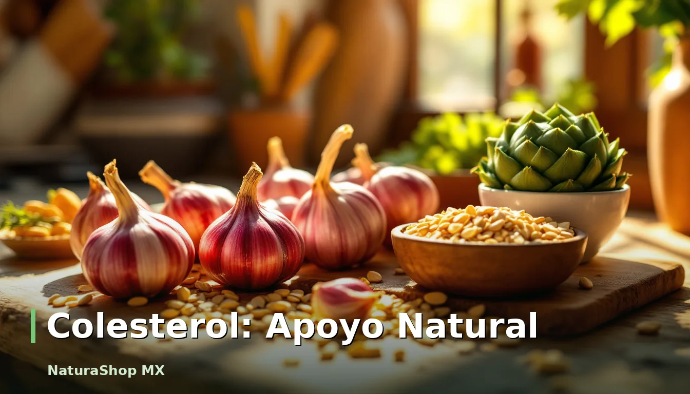 Comida saludable para apoyo natural contra el colesterol alto, con ajo, avena y alcachofas en una cocina mexicana