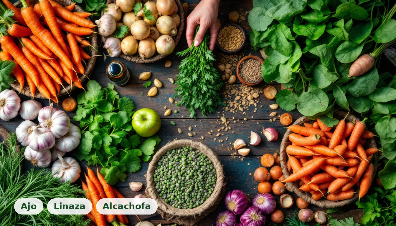 Variedad de vegetales frescos y hierbas en un mercado mexicano, ofreciendo apoyo natural para el colesterol alto