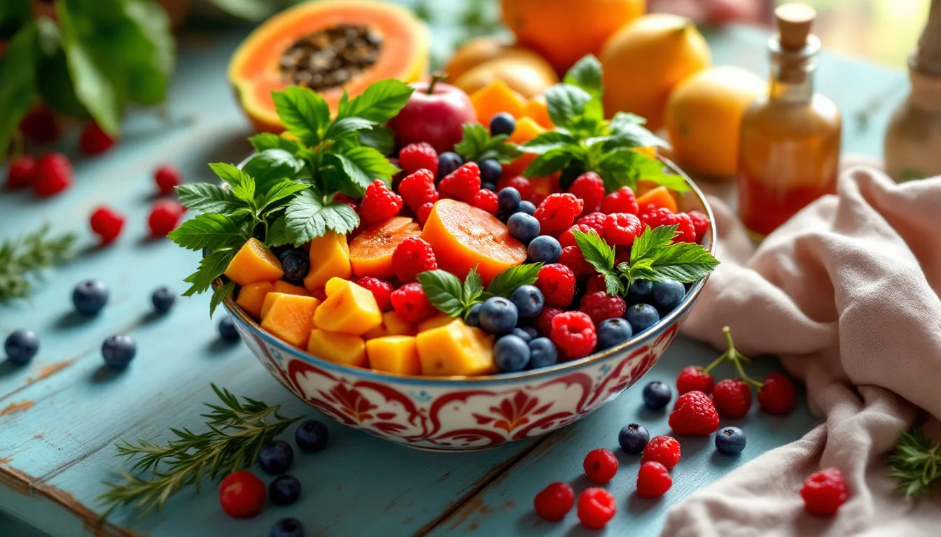 Variedad de frutas frescas y hierbas aromáticas dispuestas en un cuenco de barro, representando el bienestar digestivo para el colon irritable