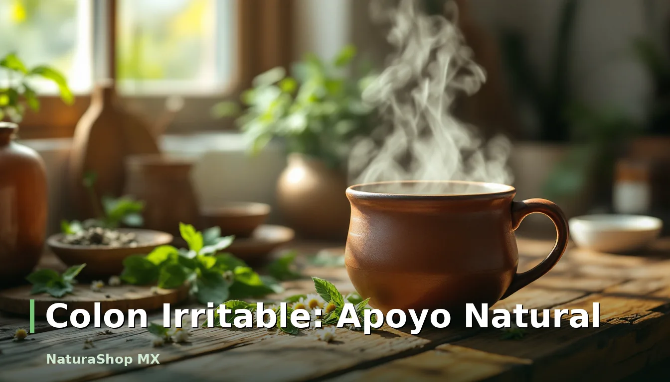 Una taza de infusión humeante con hierbas frescas en una mesa de madera rústica, sugiriendo apoyo natural para el colon irritable