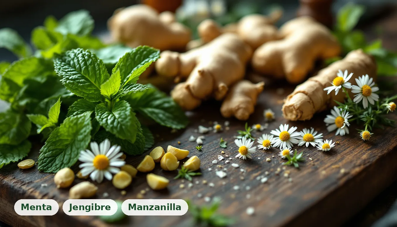 Primer plano de hierbas frescas y raíces sobre una tabla de madera rústica, destacando ingredientes naturales para el colon irritable