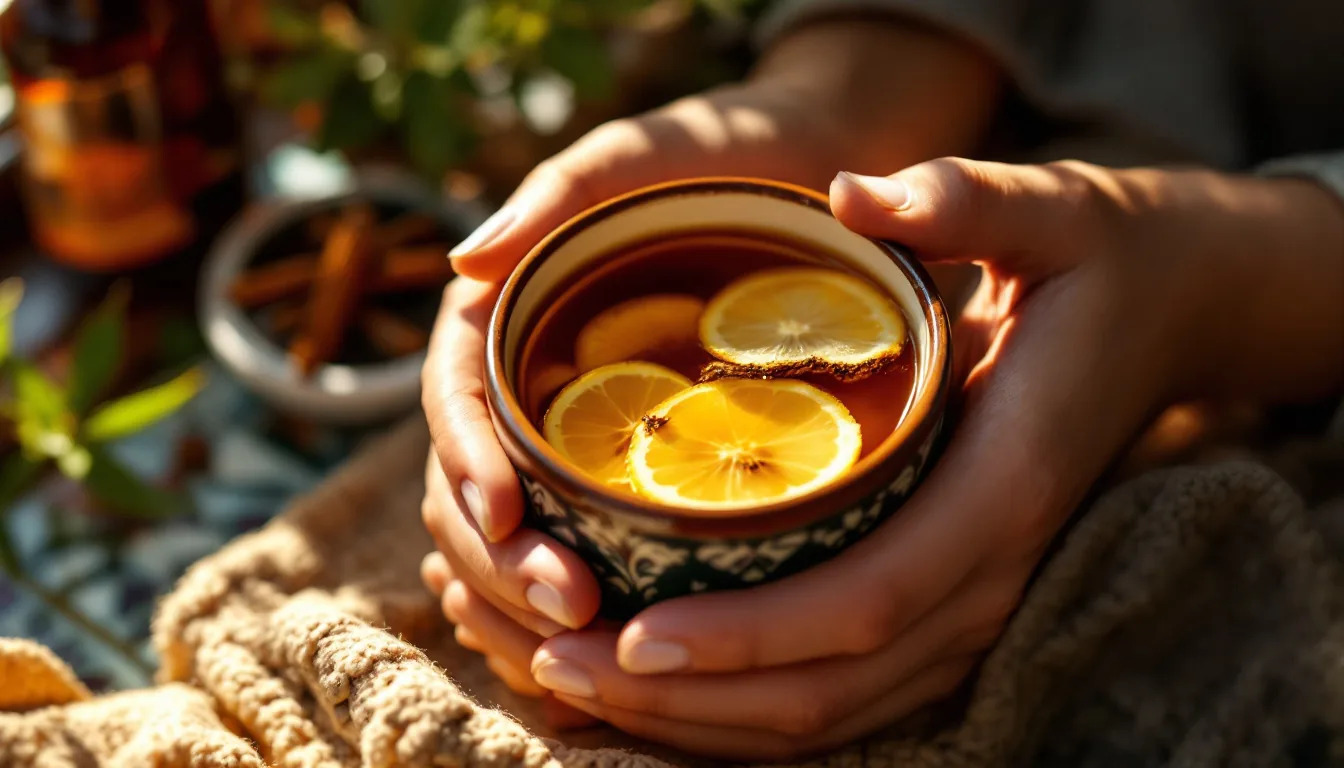 Manos sosteniendo una taza de barro con una infusión cálida en un ambiente hogareño y tranquilo, simbolizando el bienestar y la energía natural durante el día