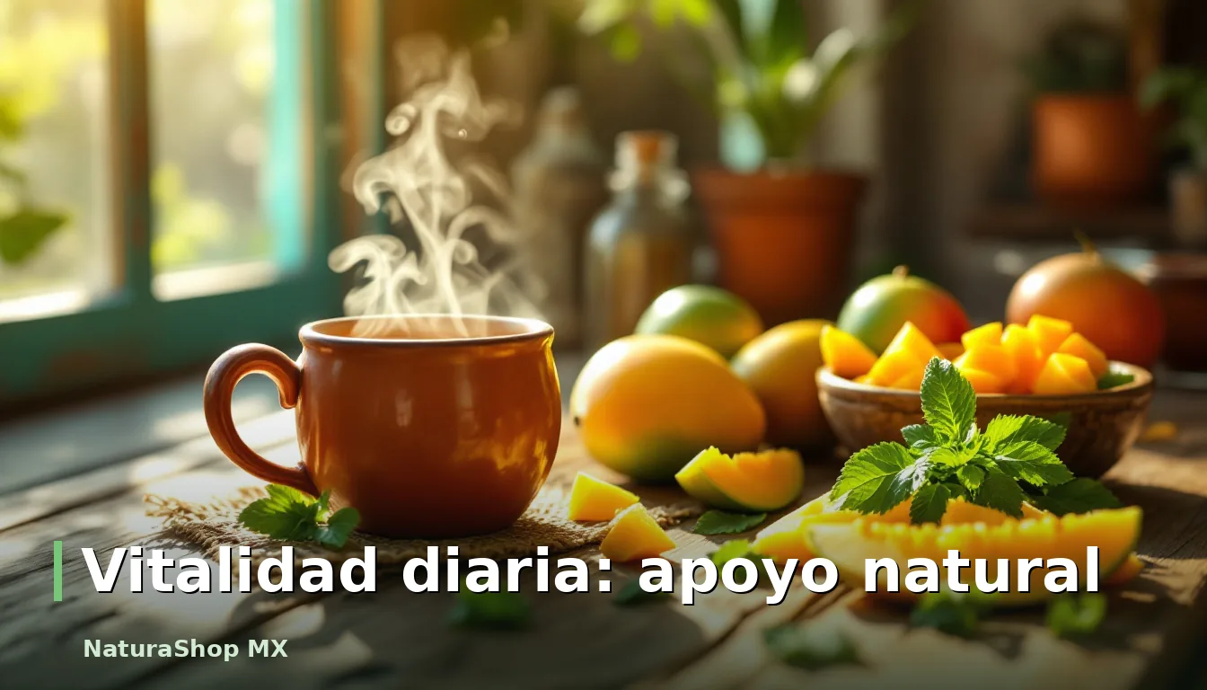 Un vibrante desayuno en una mesa de madera rústica, con frutas tropicales frescas y una taza de barro humeante, reflejando la energía natural durante el día
