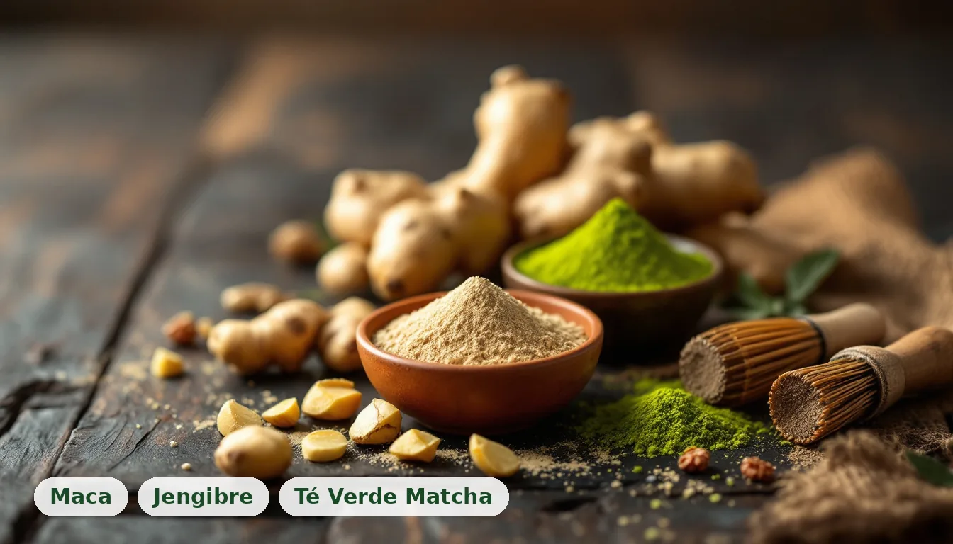 Ingredientes naturales crudos sobre una superficie de madera oscura, incluyendo un polvo marrón, raíces frescas y un polvo verde vibrante