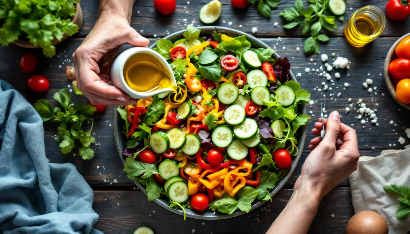 Preparación de ensalada fresca con verduras vibrantes, sugiriendo un estilo de vida saludable para la diabetes tipo 2
