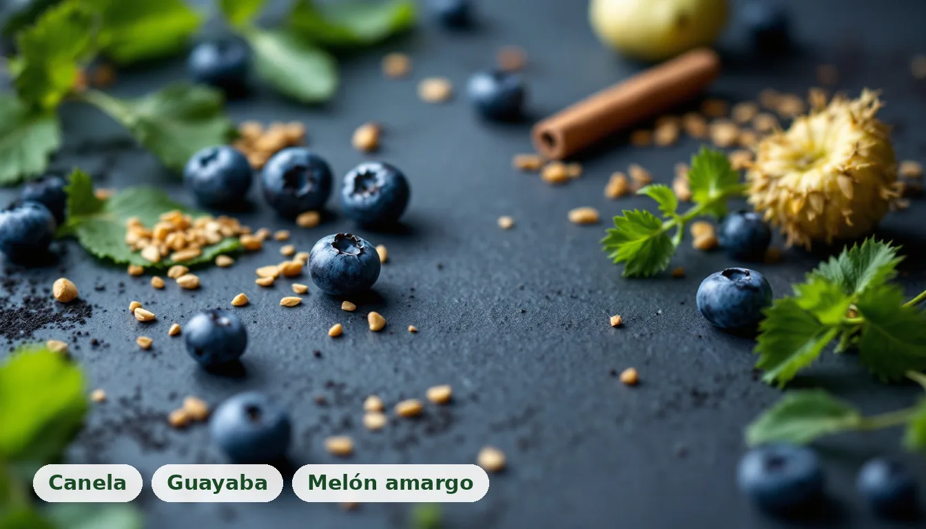 Granos de fenogreco, arándanos y melón amargo sobre superficie de barro, representando remedios naturales para diabetes tipo 