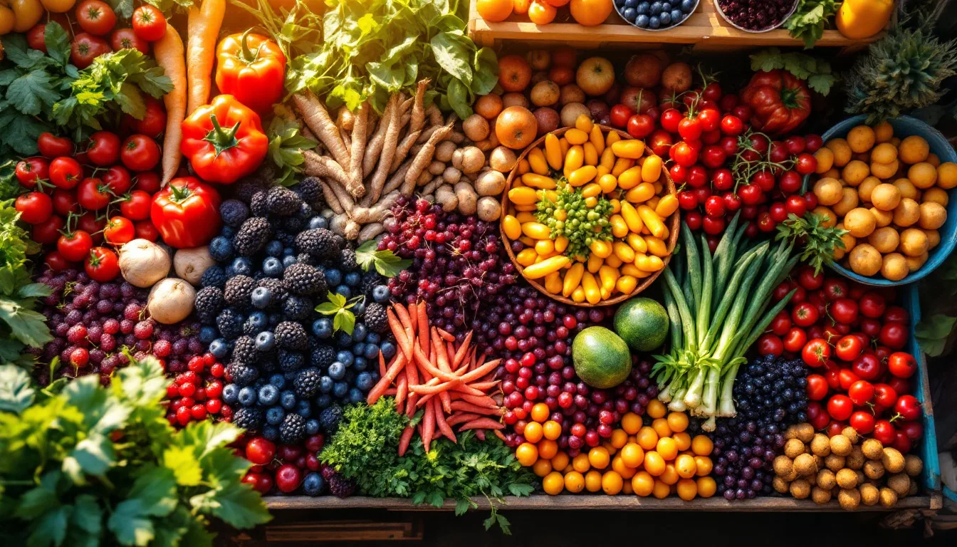 Abundancia de frutas y verduras frescas en un mercado mexicano, simbolizando nutrición y vitalidad para el bienestar articular