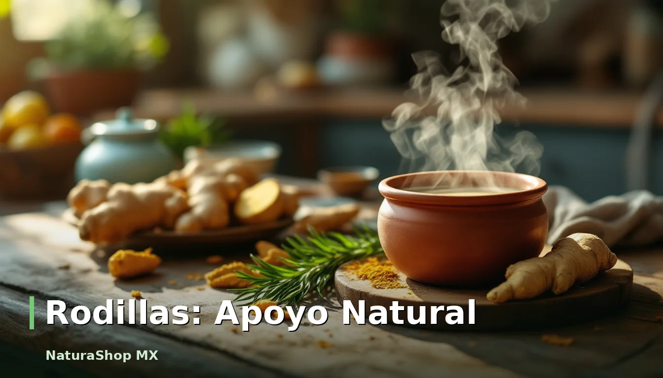 Infusión de hierbas reconfortante en una olla de barro, rodeada de jengibre fresco, cúrcuma y romero, ideal para el dolor de rodillas