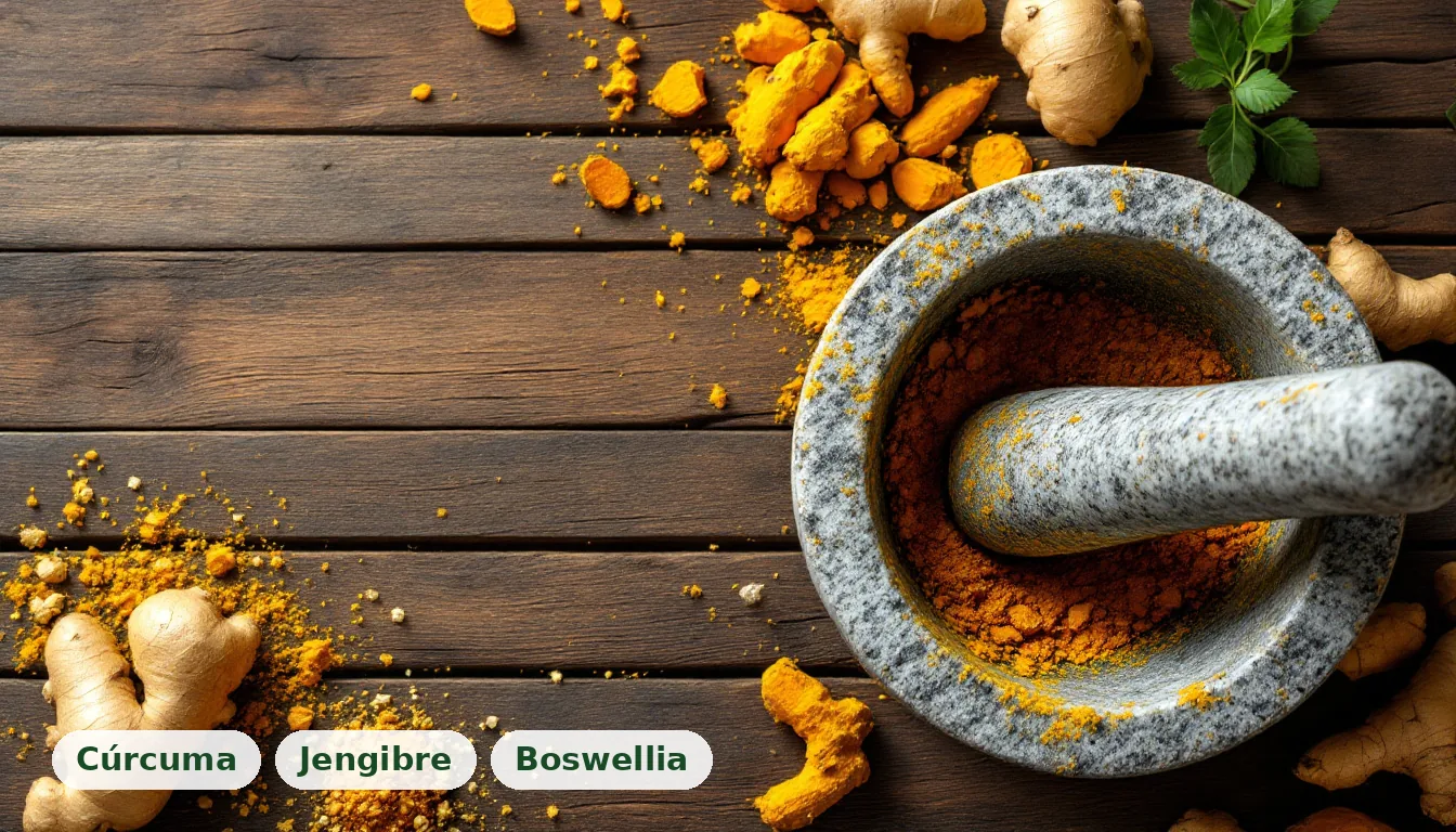 Raíces de cúrcuma, jengibre y resina de boswellia dispuestas para preparar remedios naturales para el dolor de rodillas