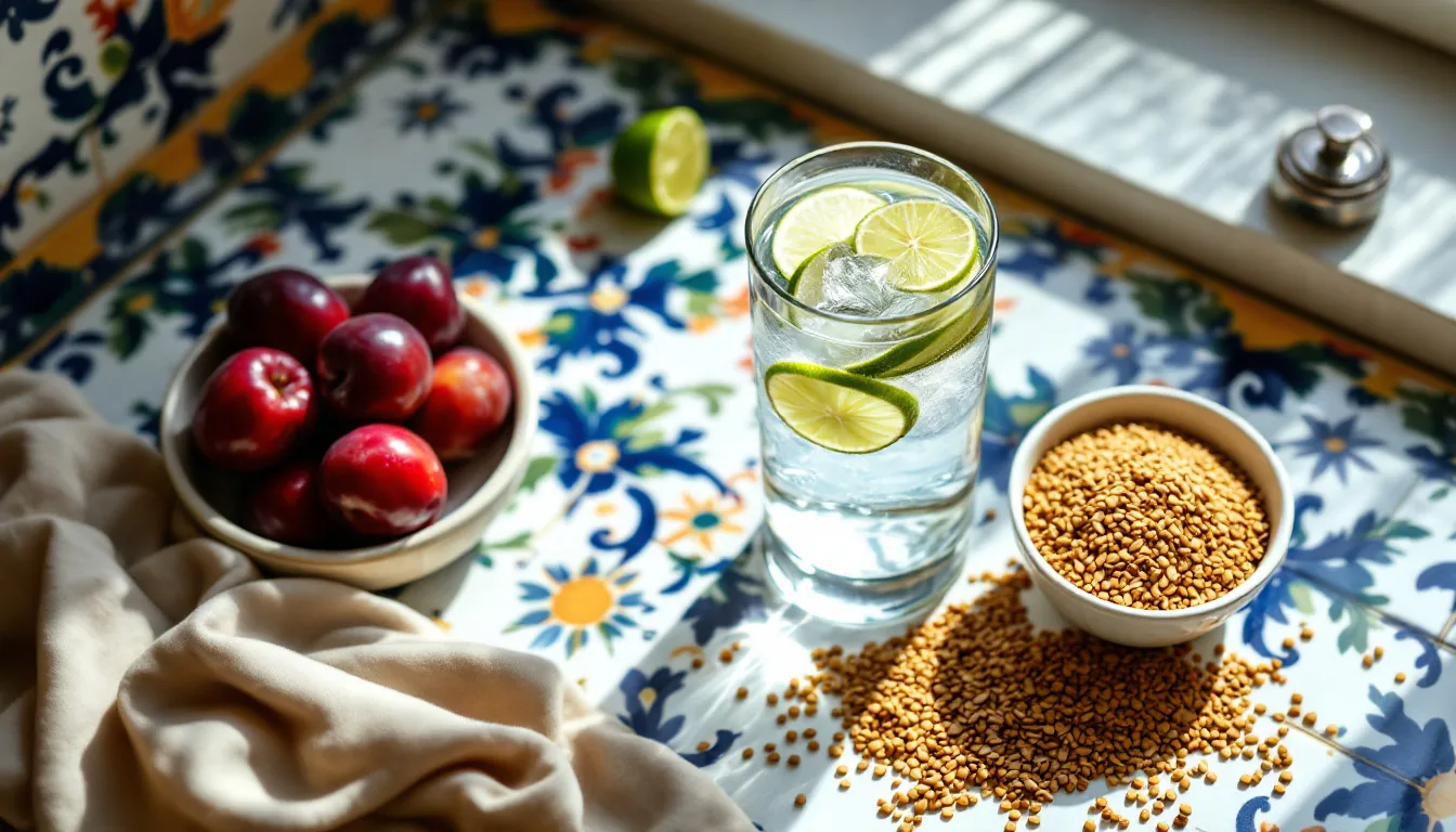 Un vaso de agua fresca con lima, ciruelas maduras y semillas de linaza sobre azulejos de talavera, simbolizando la frescura y los beneficios para el estreñimiento