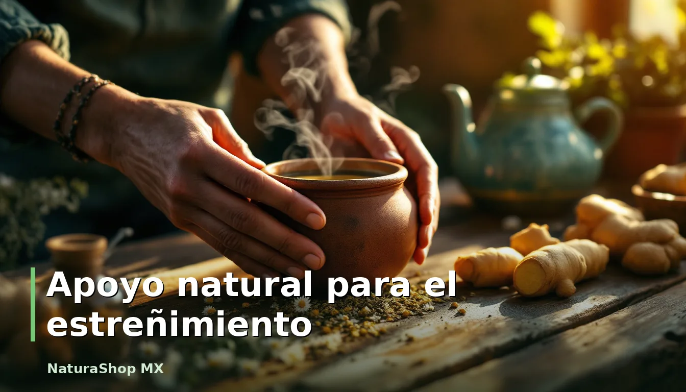 Manos preparando una infusión herbal con jengibre y manzanilla en una olla de barro, sobre una mesa de madera, evocando calidez y apoyo natural para el estreñimiento