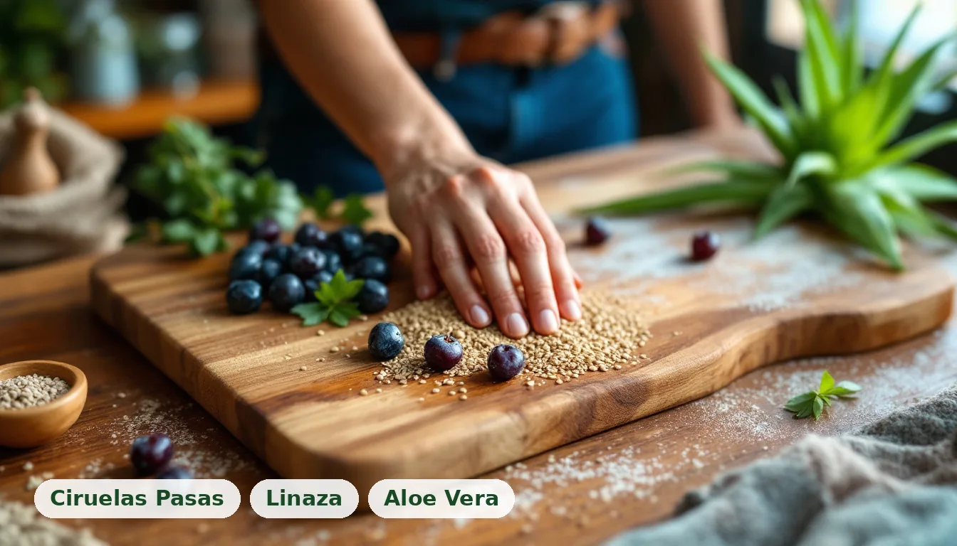 Ingredientes naturales, como ciruelas, linaza y aloe vera, dispuestos sobre tabla de madera y barro, para el apoyo del estreñimiento