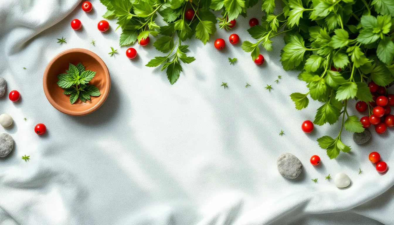 Una composición vibrante con hierbas frescas, bayas y piedras naturales sobre lino, simbolizando la vitalidad y el bienestar contra el estrés crónico
