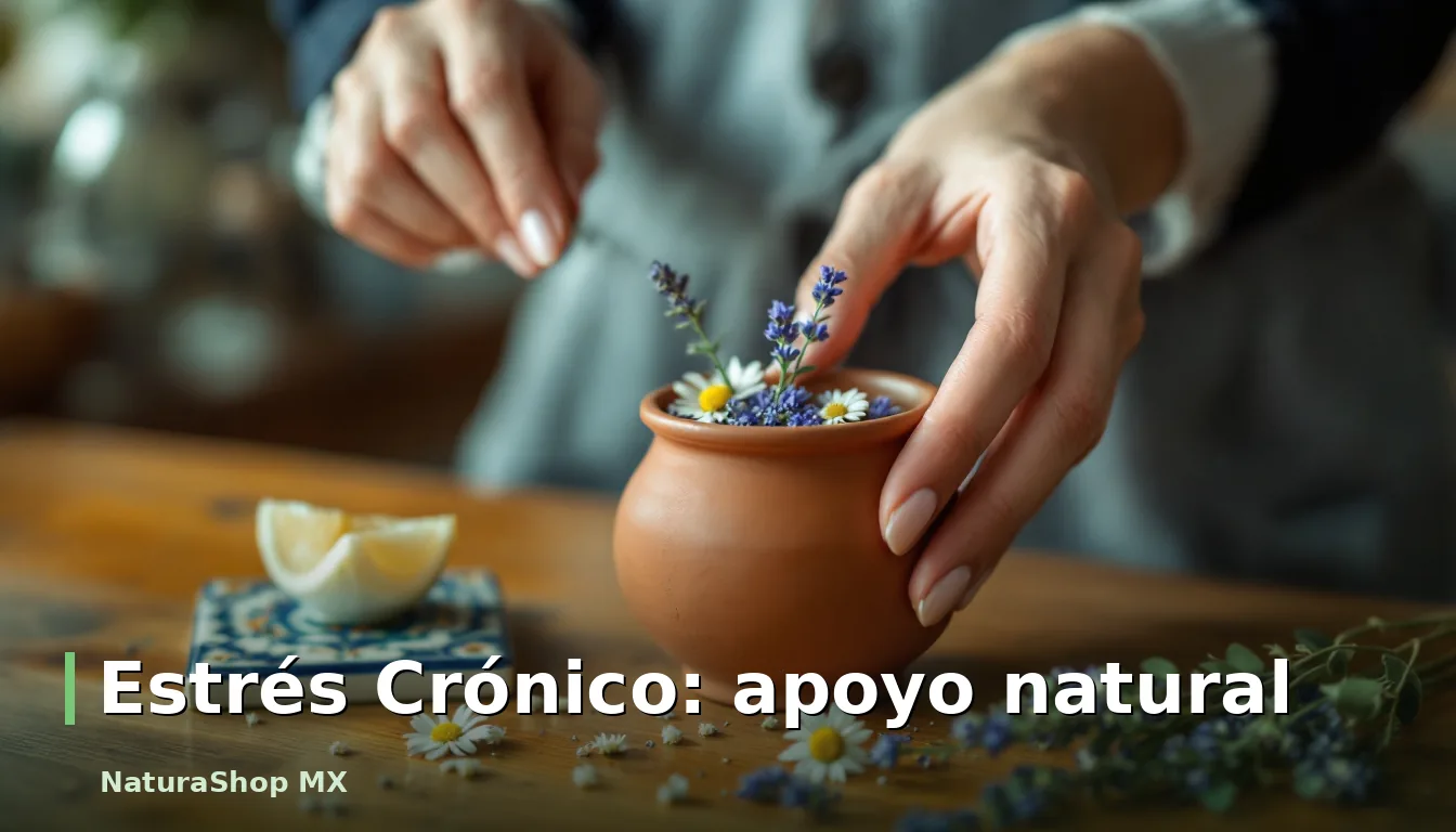 Manos preparando una infusión relajante con flores de manzanilla y lavanda en una tetera de barro, reflejando el apoyo natural para el estrés crónico