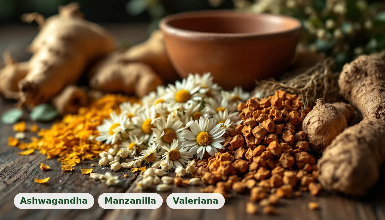 Arreglo de raíces y flores secas de plantas medicinales sobre una mesa de madera, mostrando los ingredientes naturales para el apoyo al estrés crónico