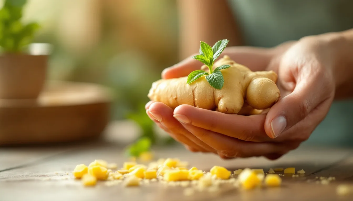 Mano sosteniendo jengibre y menta fresca, símbolos de apoyo natural para la gastritis