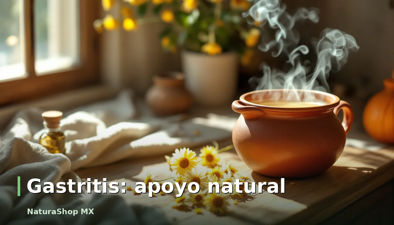 Infusión de manzanilla humeante en olla de barro para apoyo natural de la gastritis