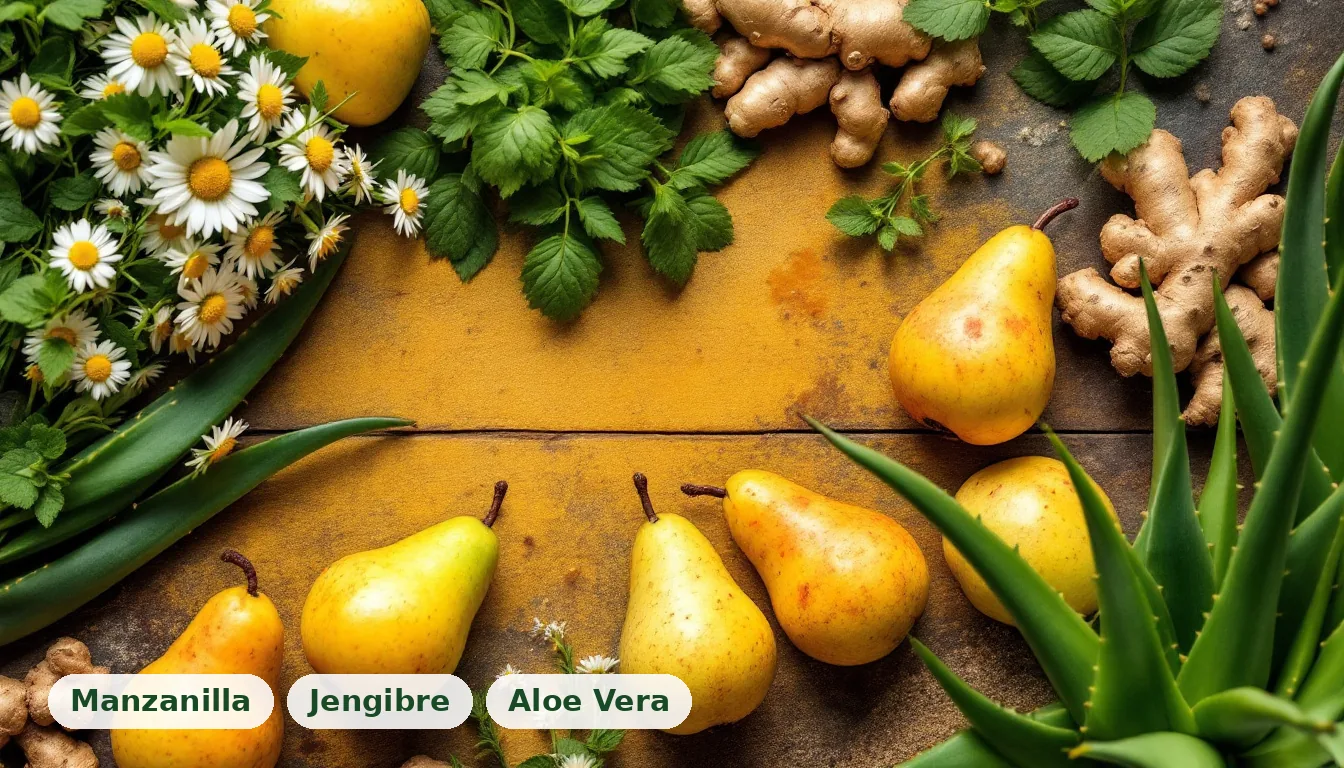 Variedad de ingredientes frescos como aloe vera, pera y menta, para apoyo natural de la gastritis