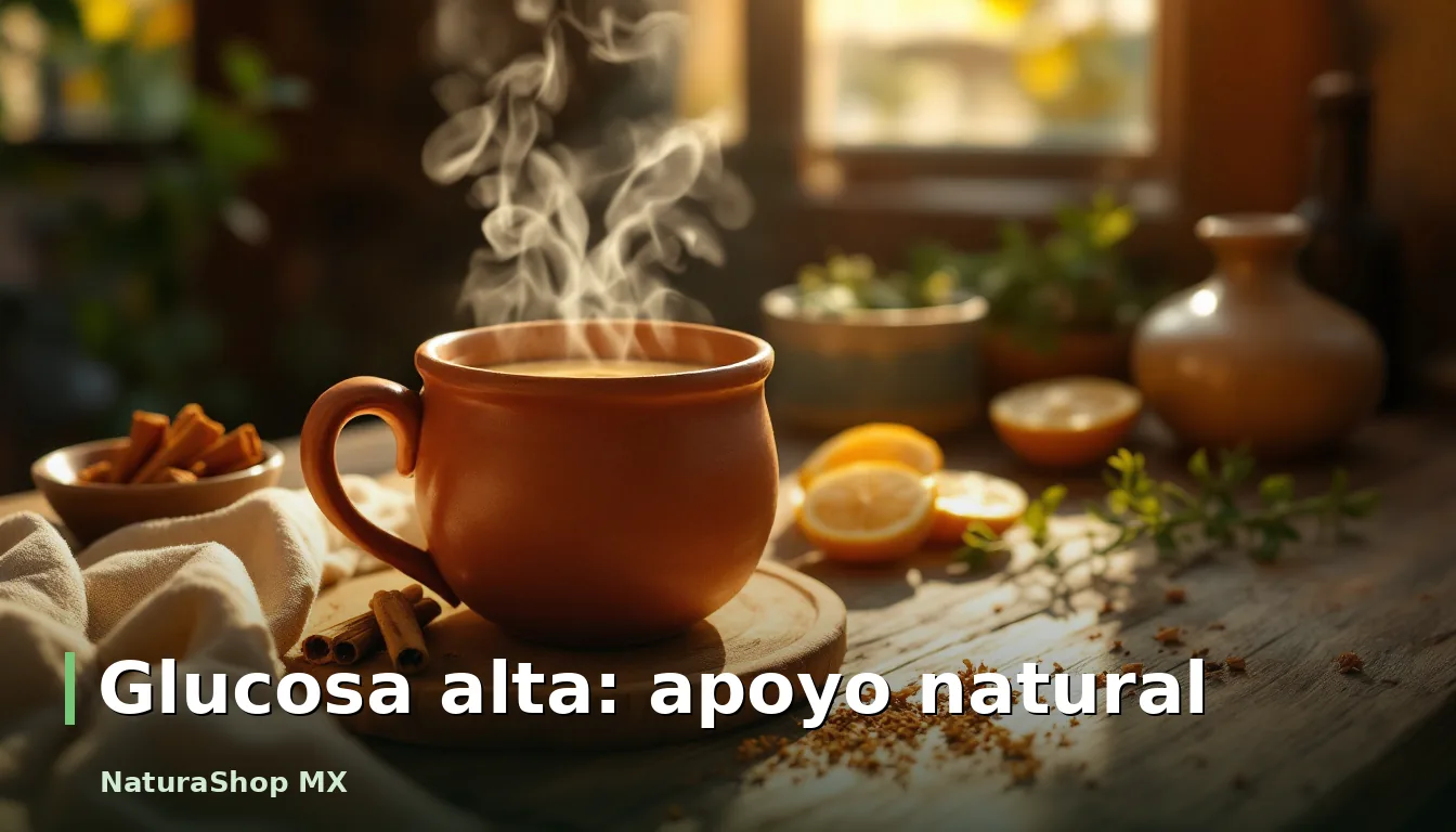 Infusión de canela en taza de barro, rodeada de ramas y especias, para el manejo de la glucosa alta en México