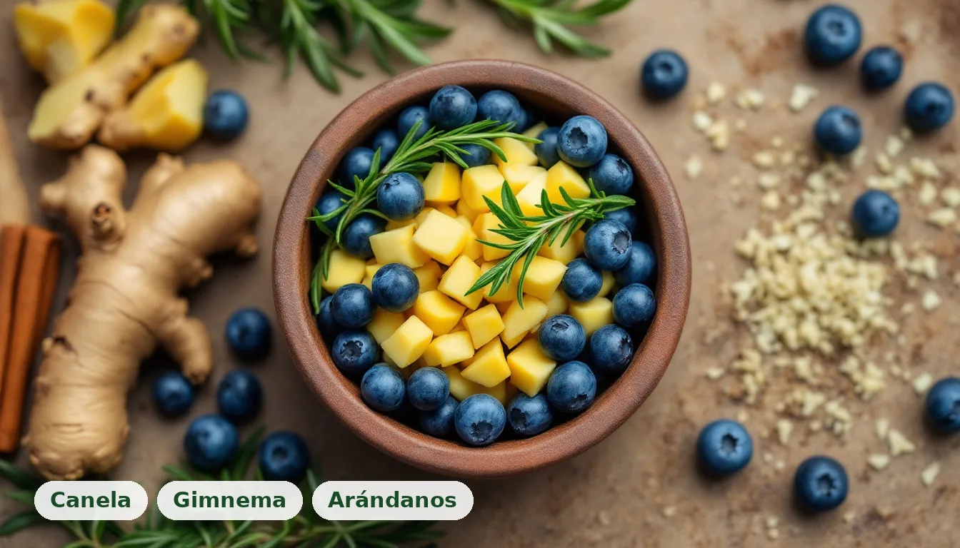 Composición de ingredientes naturales como canela, gimnema y arándanos, ideal para el apoyo de la glucosa alta