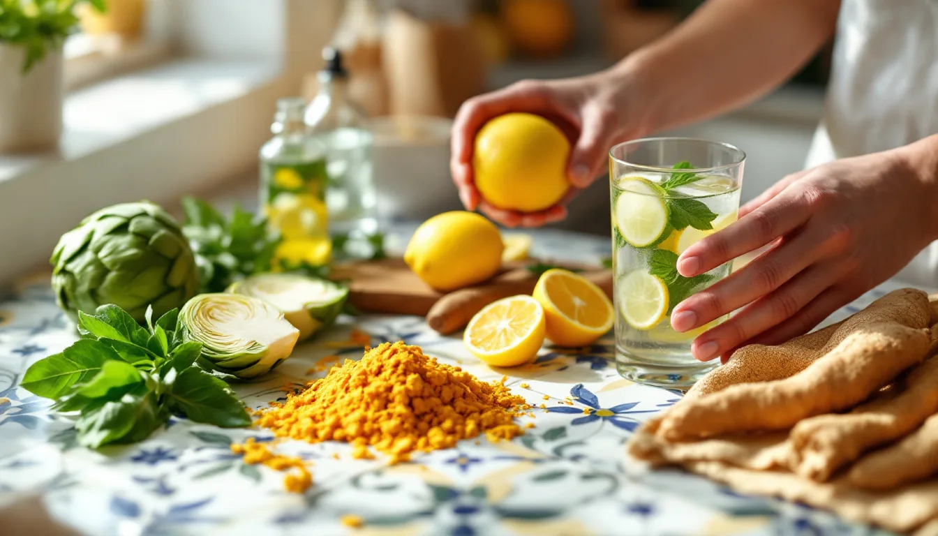 Mesa de Talavera con alcachofa, cúrcuma y hierbas frescas, simbolizando los beneficios de los remedios naturales para el hígado graso