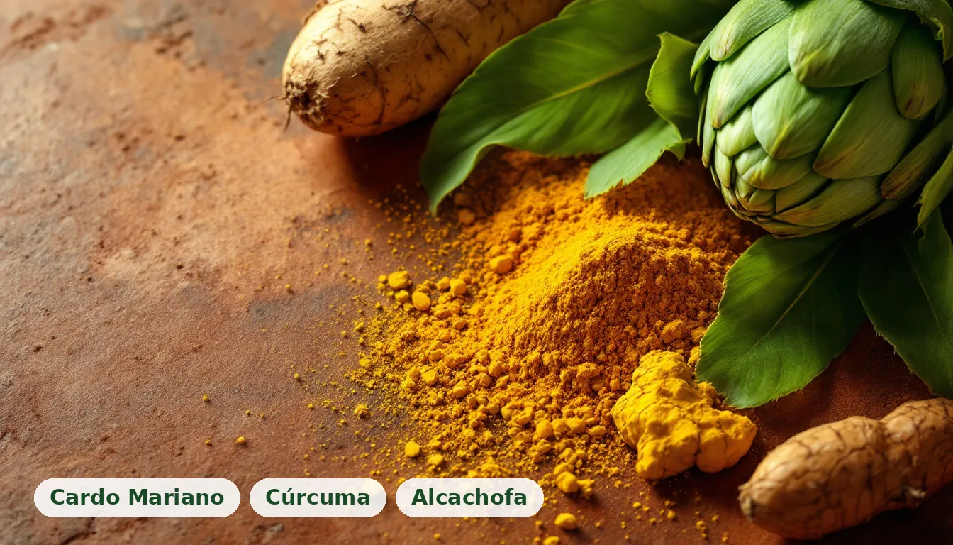 Primer plano de ingredientes naturales en una superficie de barro, mostrando la esencia de los remedios naturales para el hígado graso