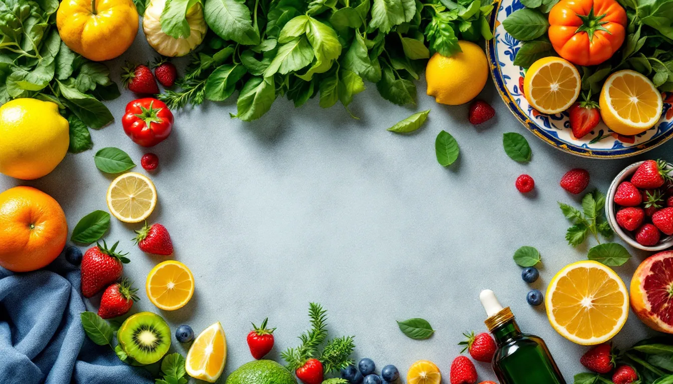 Variedad colorida de frutas y verduras frescas sobre un plato de Talavera, simbolizando vitalidad y apoyo nutricional para el hipotiroidismo