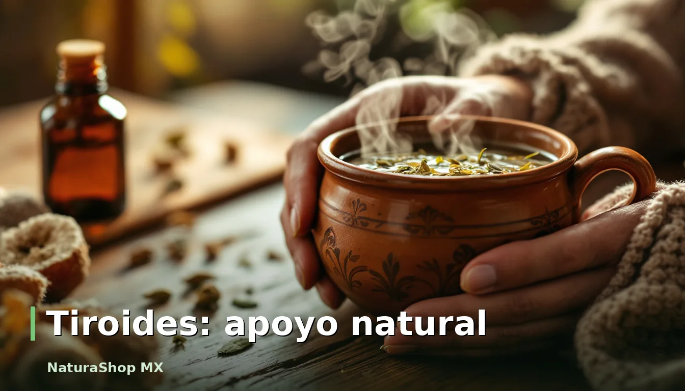 Manos sosteniendo una taza de barro caliente con infusión herbal sobre una mesa de madera, evocando calidez y apoyo para el hipotiroidismo