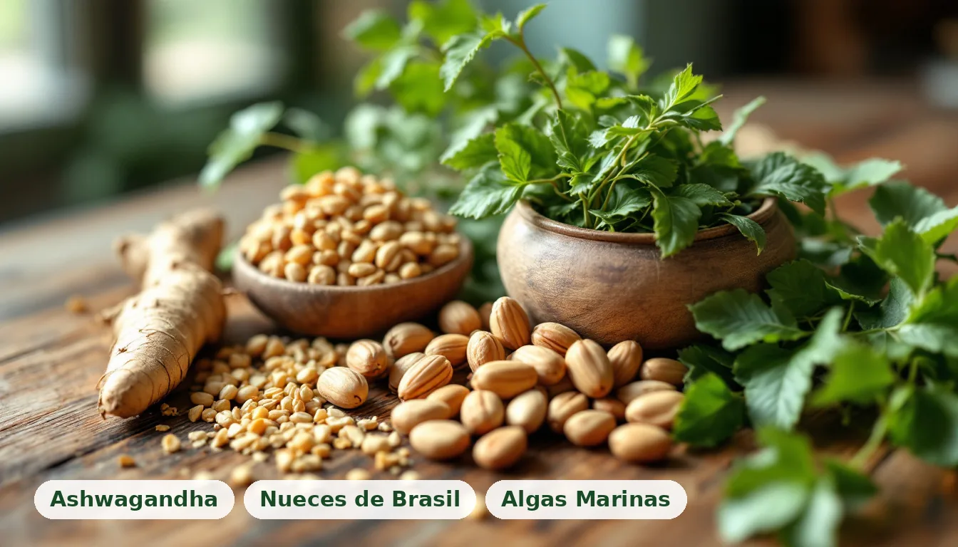 Composición de raíces secas, nueces enteras y algas marinas sobre una tabla de madera, representando ingredientes para el apoyo natural del hipotiroidismo