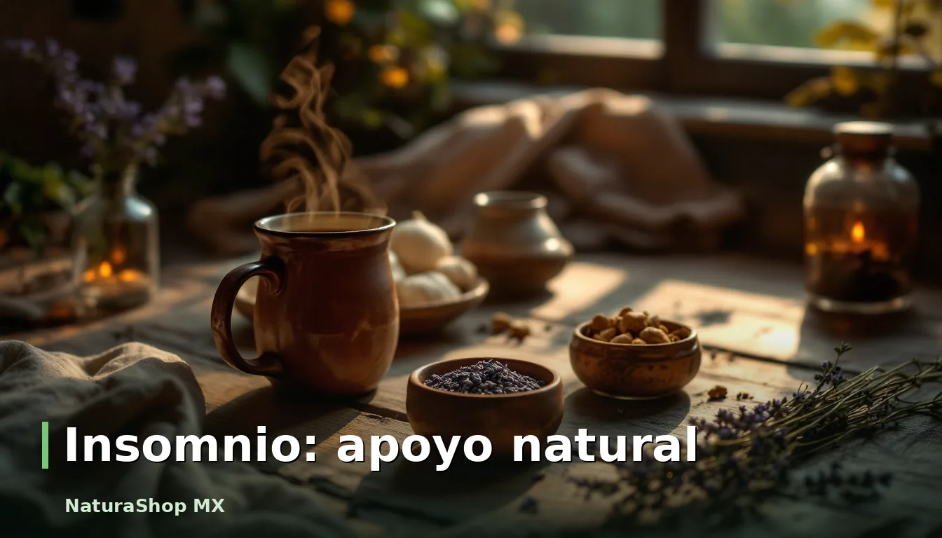 Taza humeante de infusión de manzanilla en mesa de madera, sugiriendo apoyo natural para el insomnio