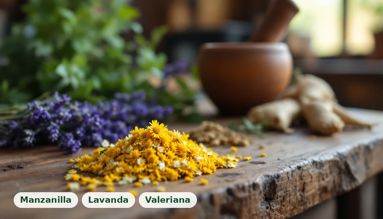 Flores secas de manzanilla, lavanda y raíz de valeriana en una encimera de cocina rústica, insomnio