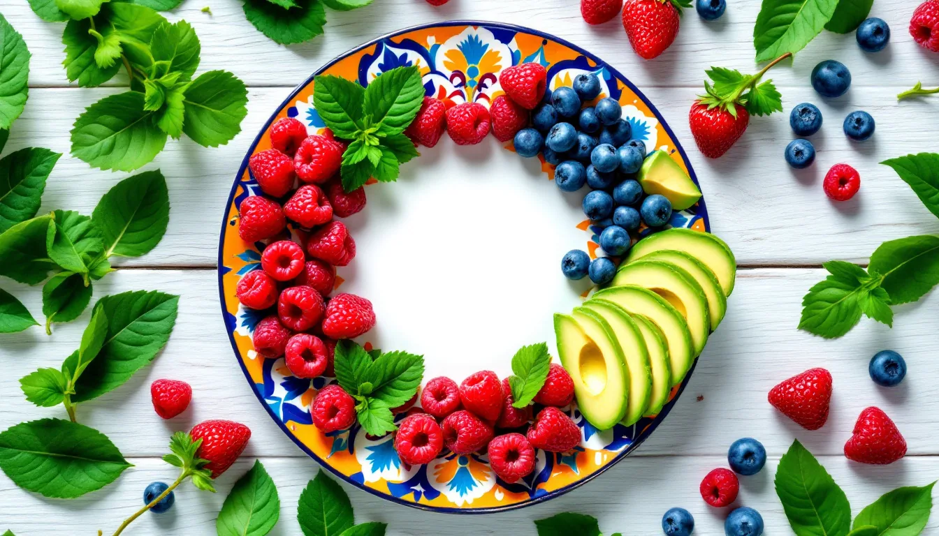 Vista aérea de un plato de talavera con frutos rojos, aguacate y hojas verdes sobre madera, representando los beneficios de una dieta fresca para mejorar memoria