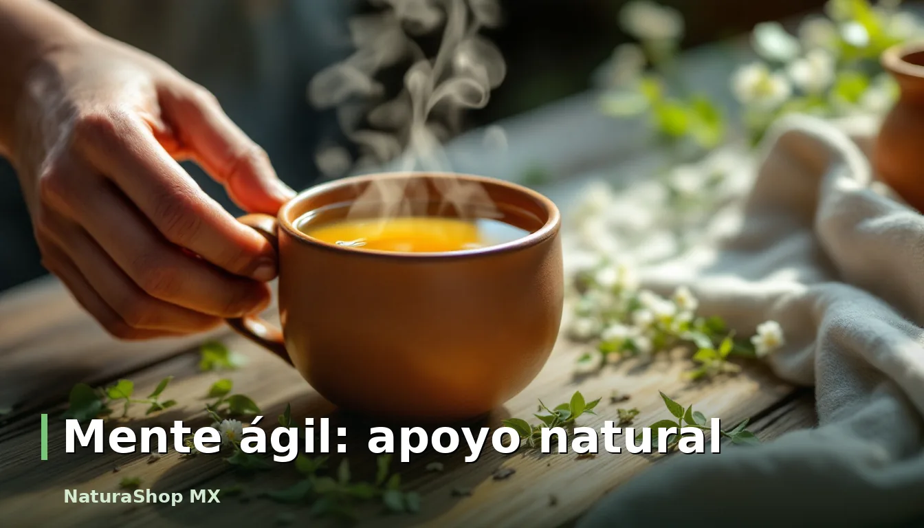 Una mano sostiene una taza de barro humeante con infusión, rodeada de hojas de ginkgo y bacopa en una mesa de madera, simbolizando el mejorar memoria